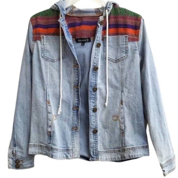 Rare Cozy Boho Distressed Beachy Hippie Denim Hoodie Jacket - Picture 1 of 6